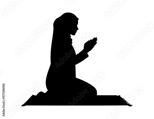 Muslim woman praying in silhouette, perfect for religious websites, spiritual blogs, peaceful backgrounds, and multicultural promotions.