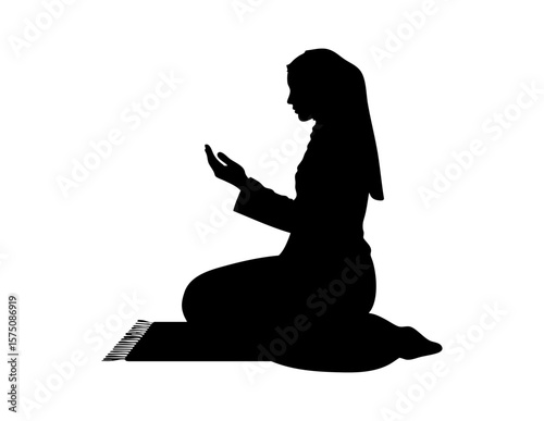 Praying Muslim womans silhouette depicts a peaceful and spiritual moment. Perfect for religious and cultural designs, backgrounds, and posters.