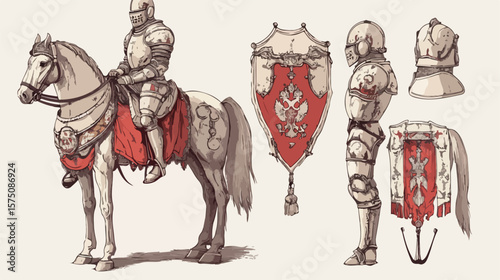 Ancient Russian Knight in Full Armor and Helmet on Horseback
