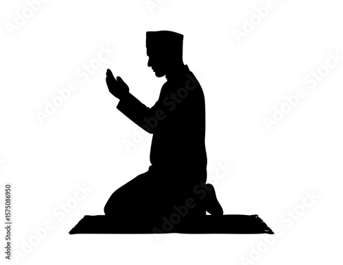 Silhouette of a man praying on a prayer mat suitable for religious or spiritual concepts in design, content creation, or articles.