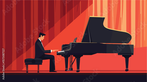 Professional Pianist Performing Melody on Stage Vector Illustration