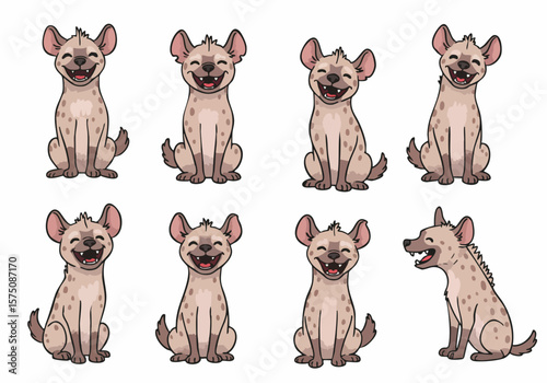 Cute cartoon hyena character collection in various happy and laughing sitting poses on a white background