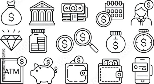 Wallpaper Mural Outlined financial icons including money bag bank atm wallet and piggy bank shown Torontodigital.ca