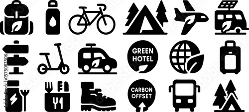 Collection of black icons representing eco friendly travel and outdoor activities including a backpack water bottle bicycle tent airplane solar powered camper electric car green hotel globe leaf carbo