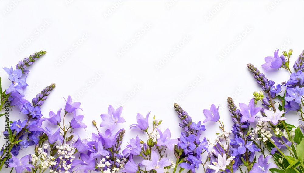 Naklejka premium Border of bluebell flowers, veronica spikes and gypsophila on white background AI-generated
