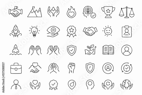 "Business Ethics Line Icons Set  Leadership, Trust, and Value Vector Symbols"