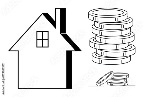 Black-and-white house outline adjacent to stacked coins. Ideal for real estate, investment, finance, savings, home ownership, property valuation, economic growth. Simple flat metaphor