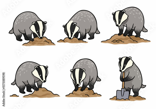 Set of Cute Cartoon Badgers Digging and Working with a Shovel on Isolated White Background.