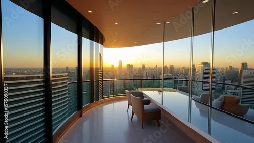 Panoramic view of a modern balcony overlooking a cityscape at sunset. Features glass windows, elegant furniture, and warm lighting creating a luxurious atmosphere