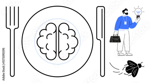 Brain on a plate with fork and knife, a man holding a glowing lightbulb, and a flying fly. Ideal for innovation, creativity, intellect, brainstorming, knowledge, problem-solving simple flat metaphor