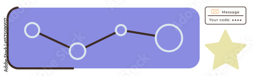 Path with interconnected circular nodes, secure numeric code on message, and highlighted star. Ideal for communication, security, analytics, data flow, recognition achievement progress. Simple flat