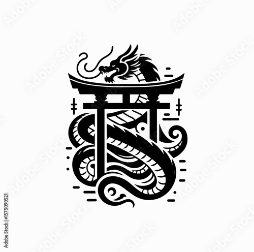 Minimalist Black Vector Logo of Japanese Dragon Coiled Around Torii Gate Isolated on White Background