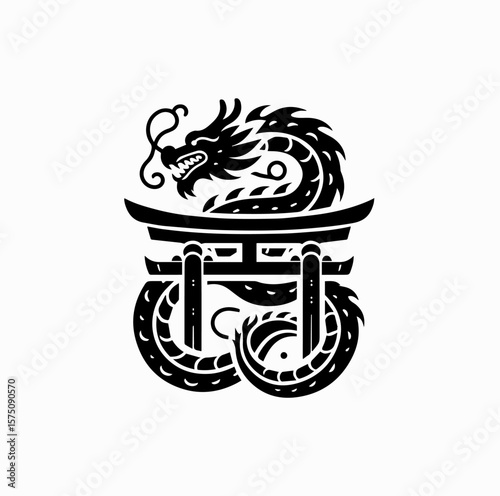 Minimalist Black Vector Logo of Japanese Dragon Coiled Around Torii Gate Isolated on White Background