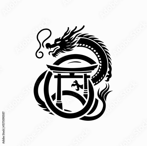 Minimalist Black Vector Logo of Japanese Dragon Coiled Around Torii Gate Isolated on White Background