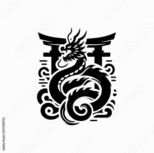 Minimalist Black Vector Logo of Japanese Dragon Coiled Around Torii Gate Isolated on White Background
