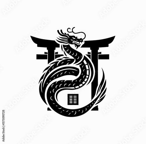 Minimalist Black Vector Logo of Japanese Dragon Coiled Around Torii Gate Isolated on White Background
