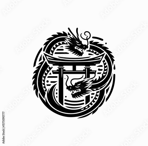 Minimalist Black Vector Logo of Japanese Dragon Coiled Around Torii Gate Isolated on White Background
