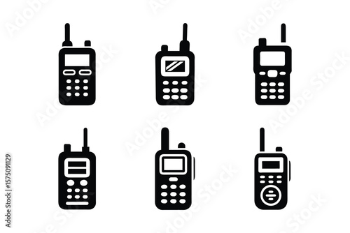 Collection of six distinct black silhouette icons representing various portable two way radio communication devices on a white background