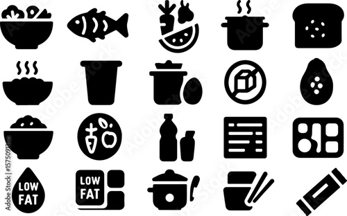 A collection of black food and drink icons representing healthy eating and dietary choices including low fat labels and various food items