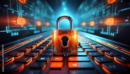 an illuminated orange padlock sits on a keyboard symbolizing cybersecurity data protection and secure online systems in a digital world