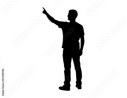 Silhouette of a man pointing upward, great for business presentations, motivation concepts, success, aspirations, leadership, and goal achievement themes.