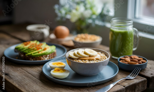 Healthy breakfast spread on wooden table