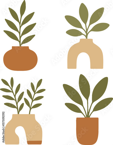 Four minimalist abstract potted plants with green leaves in terracotta and beige ceramic vases on a white background