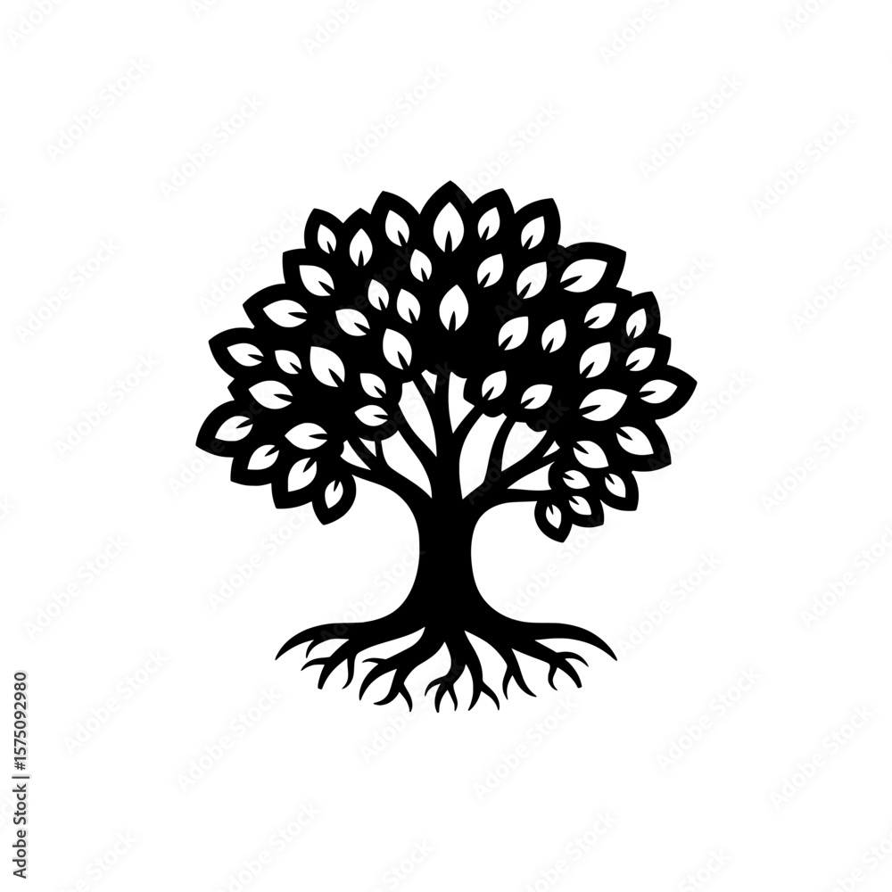 Naklejka premium Tree silhouette with detailed leaves and roots suitable for various uses