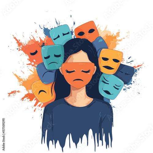 Woman with emotion masks. Faceless girl hiding real feelings. Mental health and psychological problems