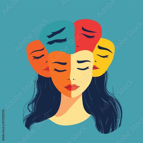 Woman with emotion masks. Faceless girl hiding real feelings. Mental health and psychological problems