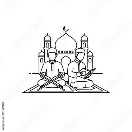 Two people reading with mosque in the background during prayer time
