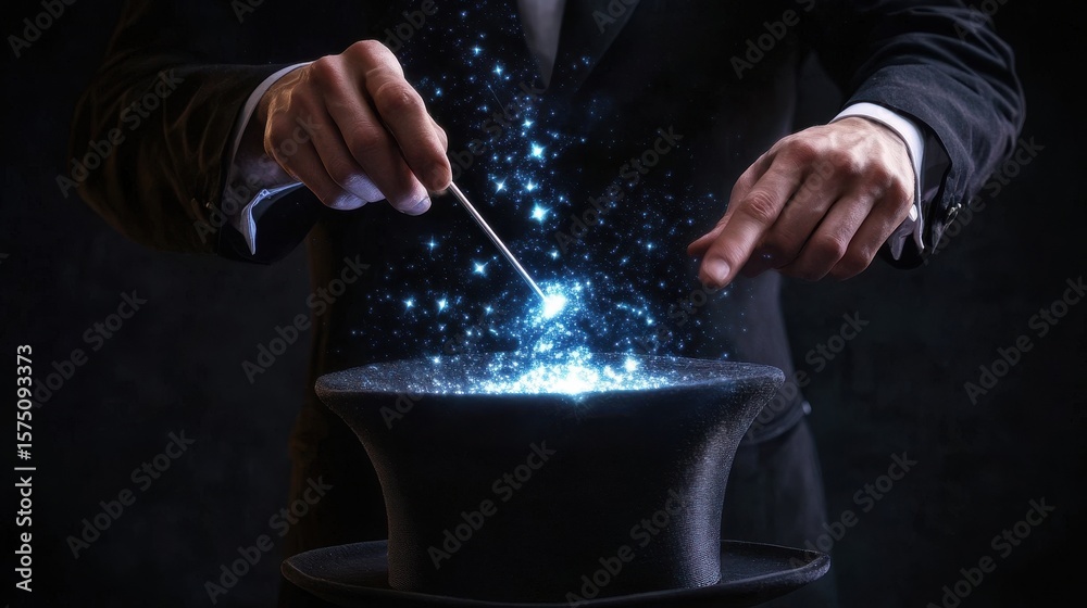 Obraz premium A magician performing a trick with a wand and a black top hat with sparkling lights around the hat