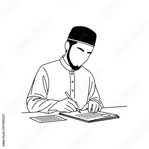 Person writing on paper with a traditional cap in a dark setting