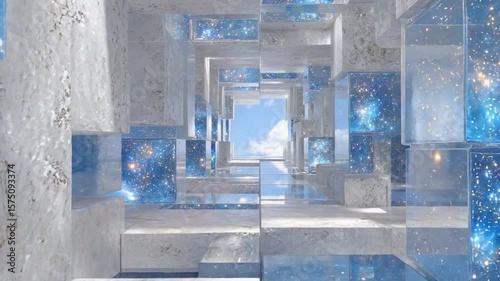 Architectural illusion, a passage to ethereal realm, cosmic cubes of blue stars in a futuristic