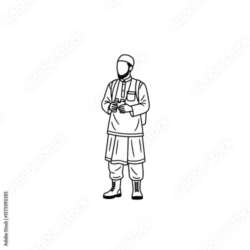 Person standing with a camera wearing traditional clothing in a dark background