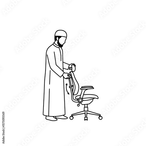 Person adjusting an office chair in traditional attire for workspace setup