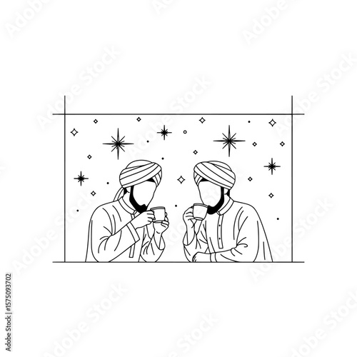 Two people enjoying tea under a starry sky with artistic elements