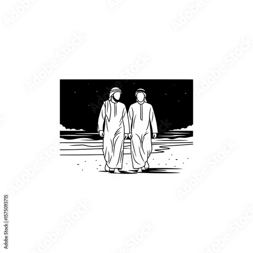 Two individuals walking along the beach at sunset in traditional attire