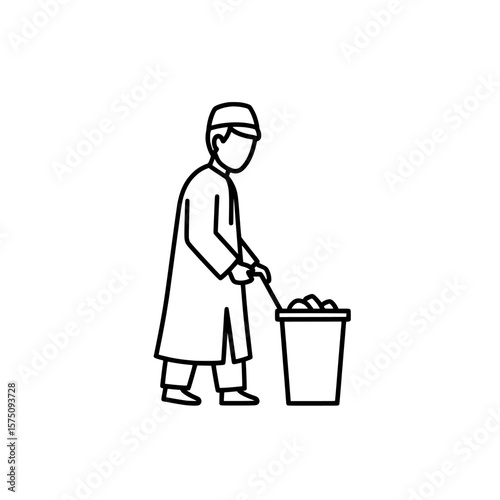 Worker cleaning with a trash can in a minimalist style