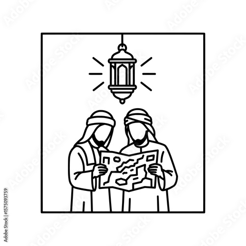 Two people reading a map under a lantern light indoors