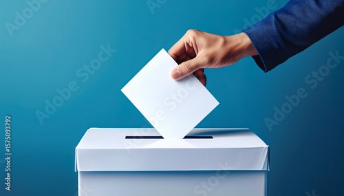 hand dropping a blank ballot into a white ballot box blue background concept of democracy voting elections political