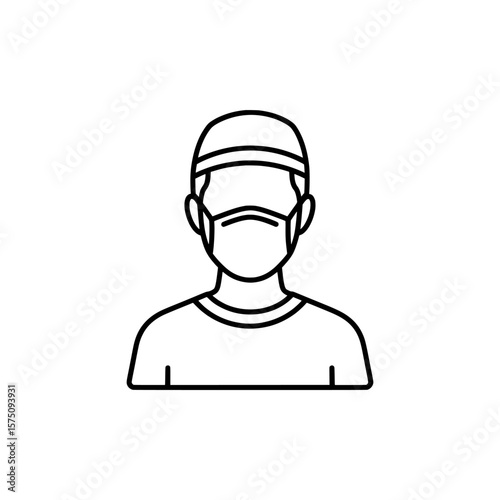 Person wearing a protective mask and cap in simple outline style