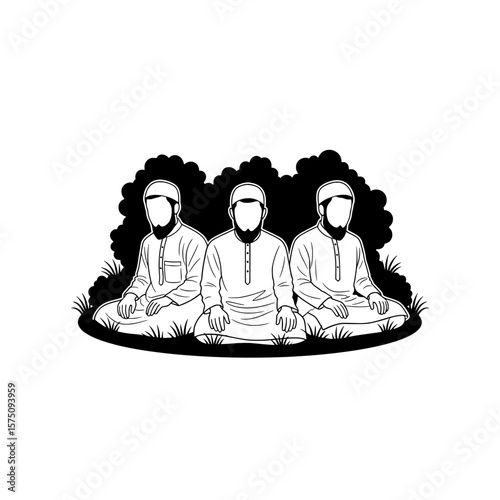 Three men seated in meditation surrounded by foliage on a dark background
