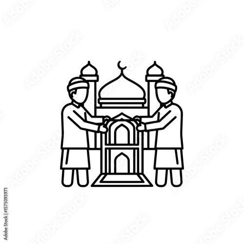 Two men holding a monument with decorative elements and traditional attire