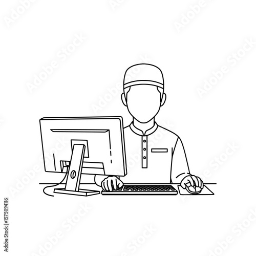 Minimalist outline of a person working at a computer desk