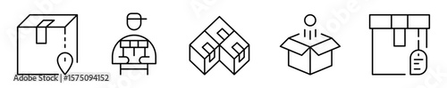 Conjunto de iconos de paquetes. Entregas y envíos. Caja cerrada, entrega de paquete, almacenamiento, paquete abierto y caja con sello y etiqueta. Ilustración vectorial 
