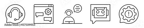 Conjunto de iconos de soporte y chat. Canales de comunicación. Asistencia virtual, mensajes, conversación, chatbot automatizado y configuración de mensaje. Ilustración vectorial 