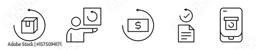 Conjunto de iconos de devolución. Retorno de productos. Paquete devuelto, entrega de devolución, reembolso de dinero, aprobación y pedido digital. Ilustración vectorial 