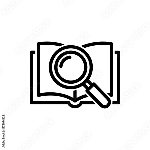 Open book with magnifying glass symbolizing research and exploration