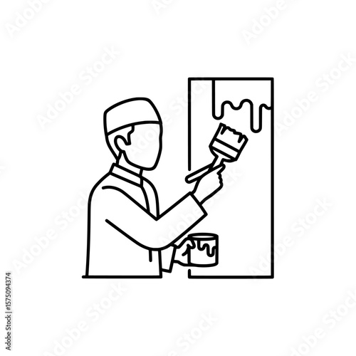 Painter applying color with brush on wall in minimal style